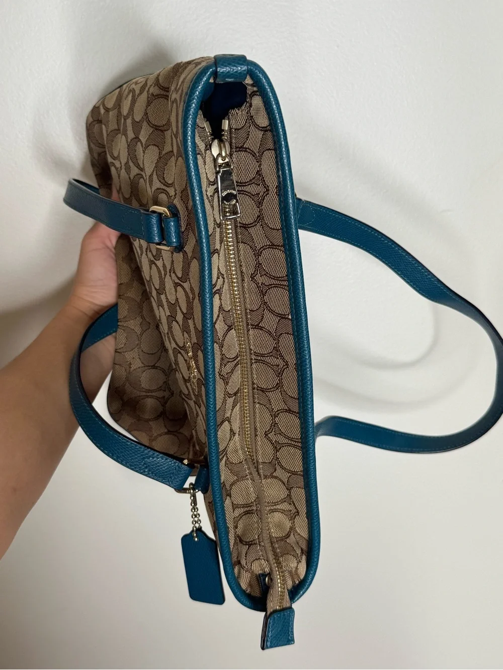 Coach Signature Canvas Tote with Teal Leather Trim